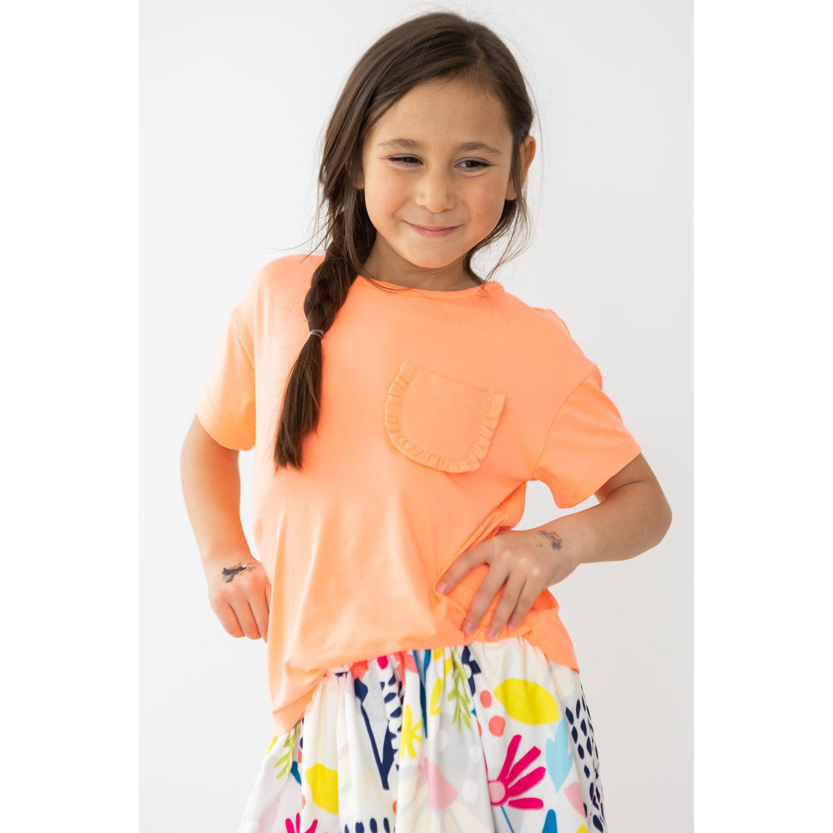 Neon Coral Ruffle Pocket Tee