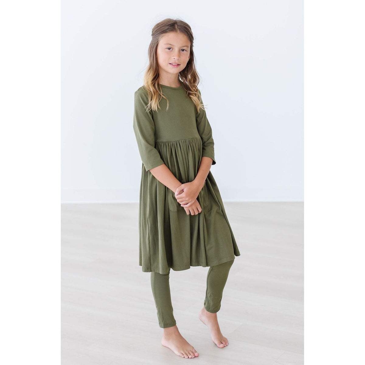 Olive 3/4 Sleeve Pocket Twirl Dress