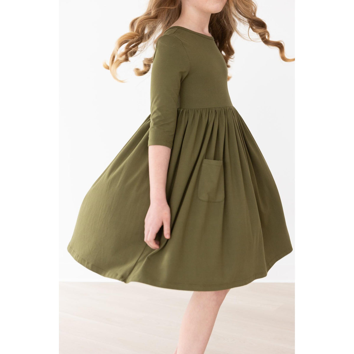 Olive 3/4 Sleeve Pocket Twirl Dress