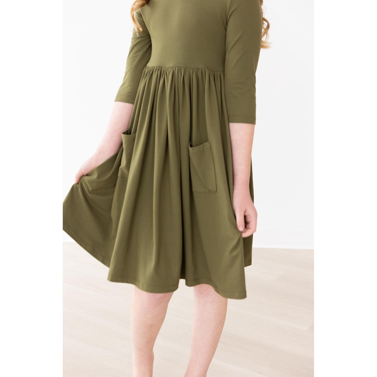 Olive 3/4 Sleeve Pocket Twirl Dress