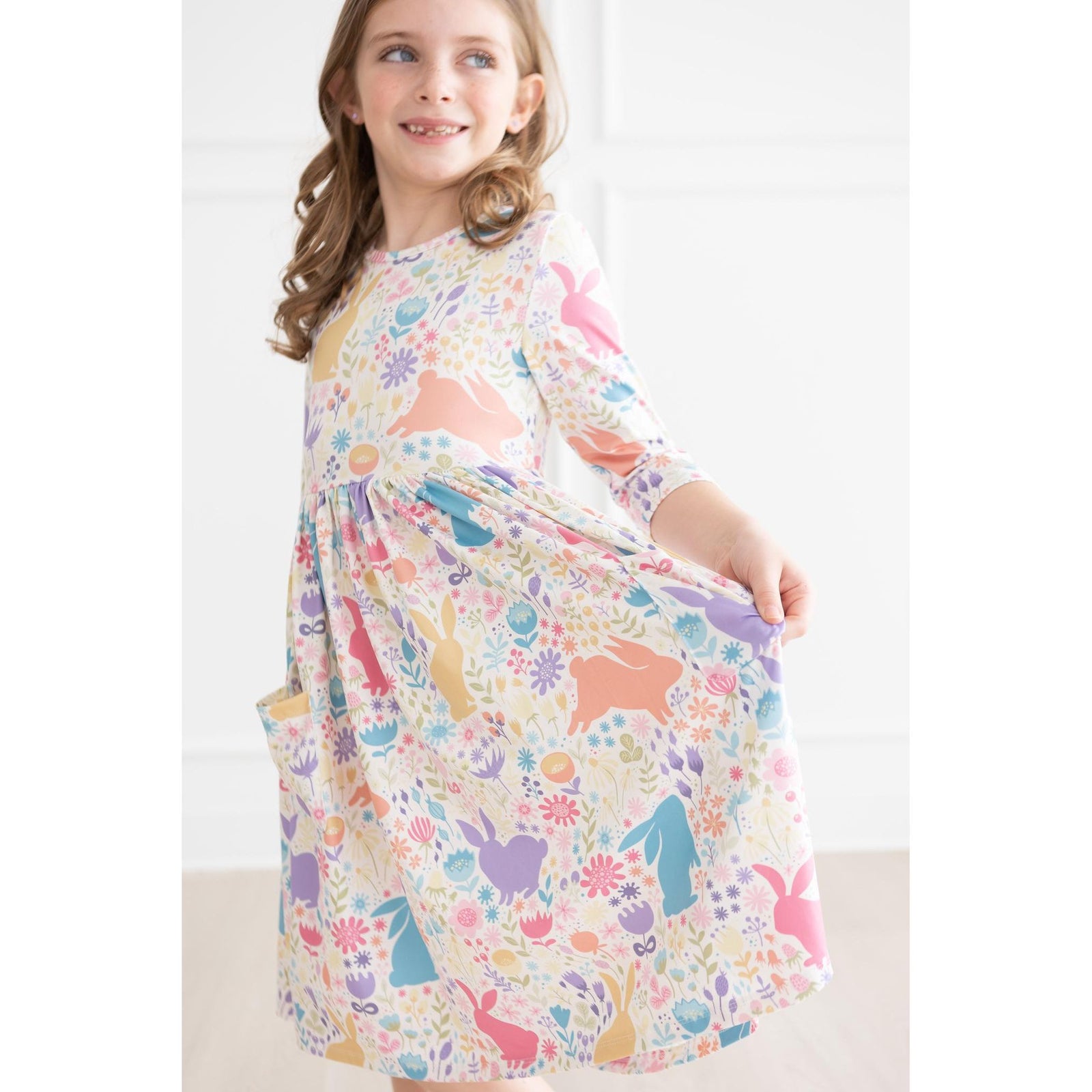 Pastel Floral Bunnies 3/4 Sleeve Pocket Twirl Dress