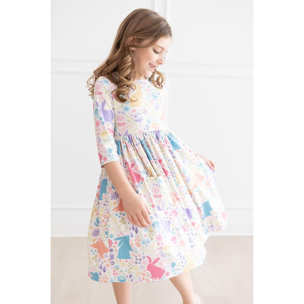 Pastel Floral Bunnies 3/4 Sleeve Pocket Twirl Dress