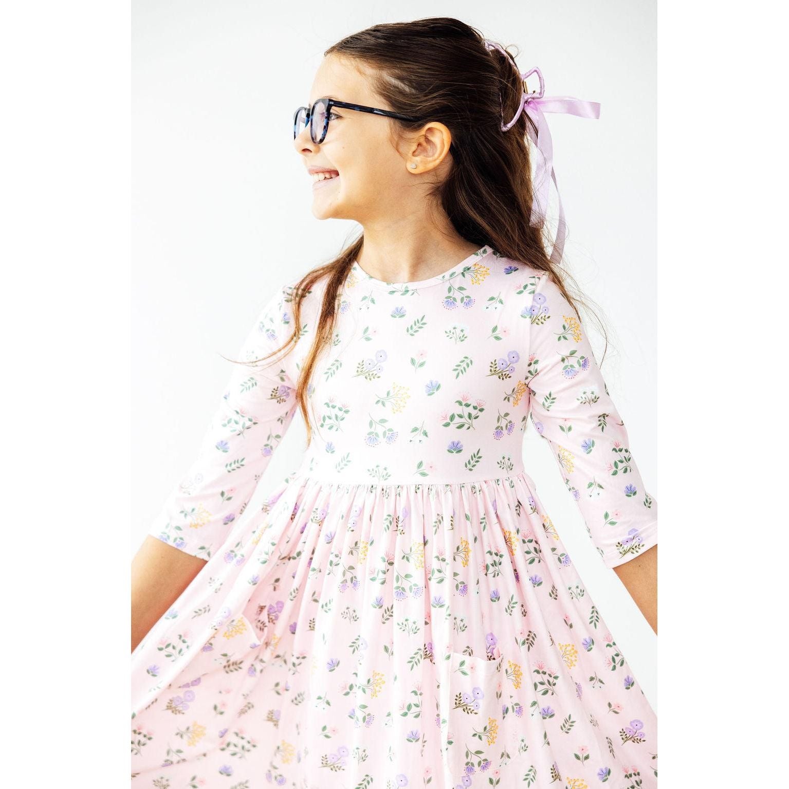 Pastel Petals 3/4 Sleeve Pocket Twirl Dress