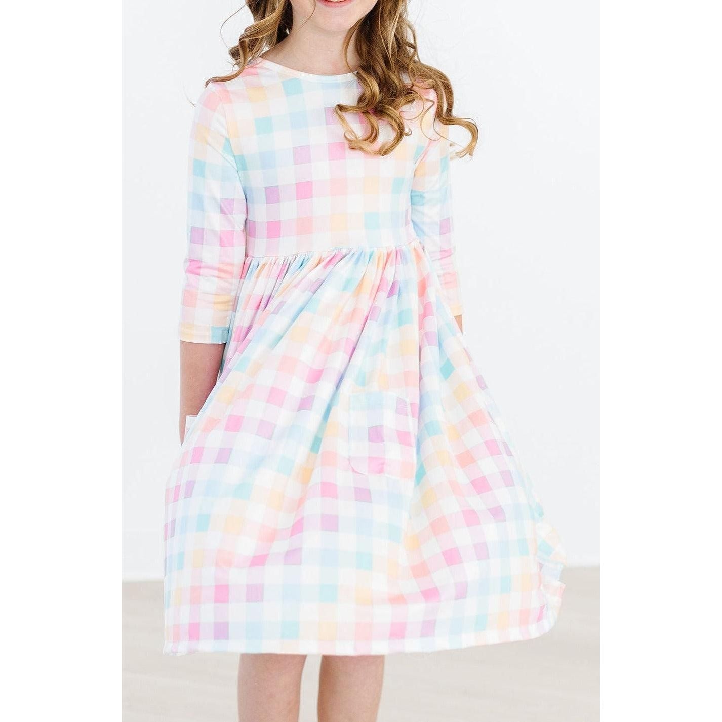 Pastel Plaid 3/4 Sleeve Pocket Twirl Dress