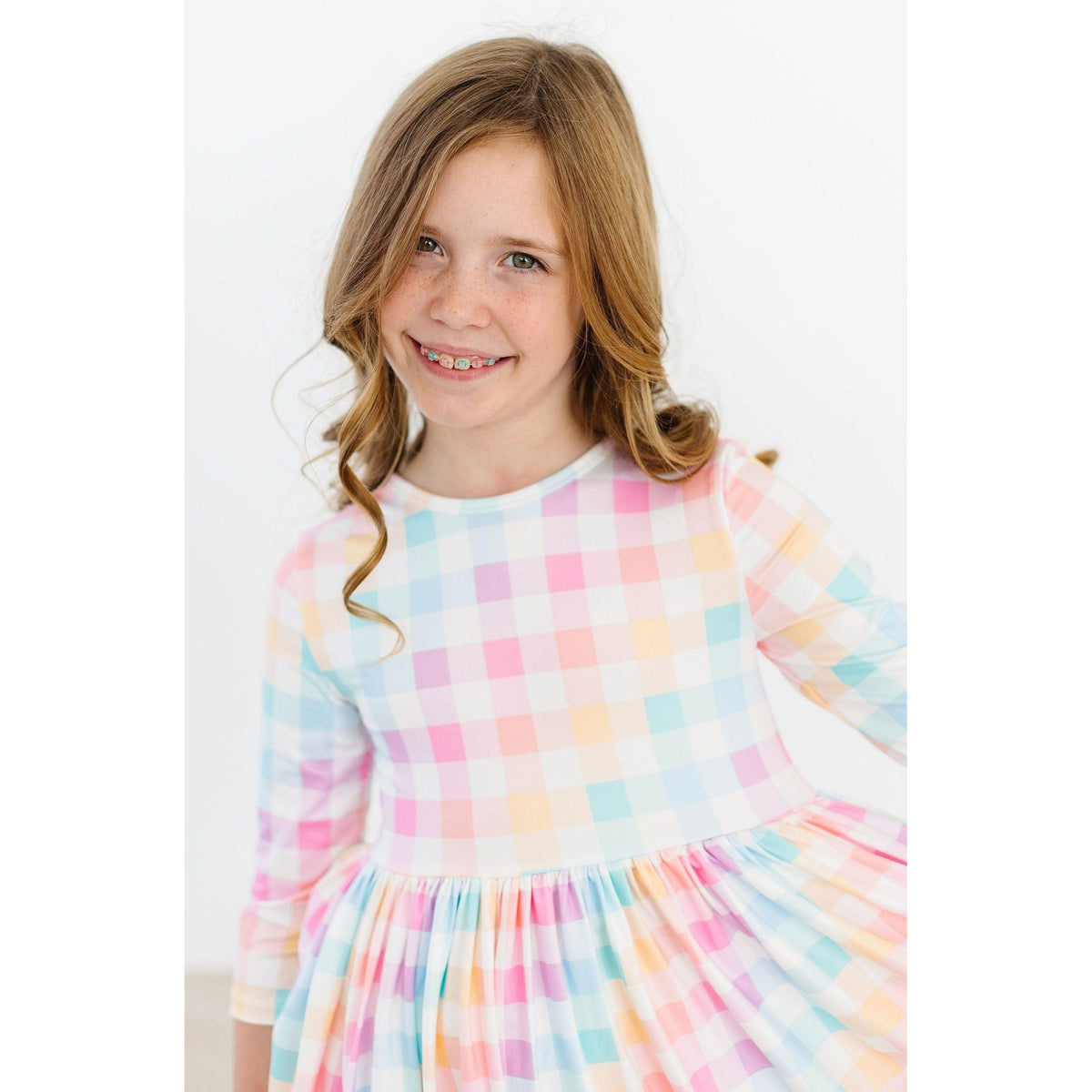 Pastel Plaid 3/4 Sleeve Pocket Twirl Dress