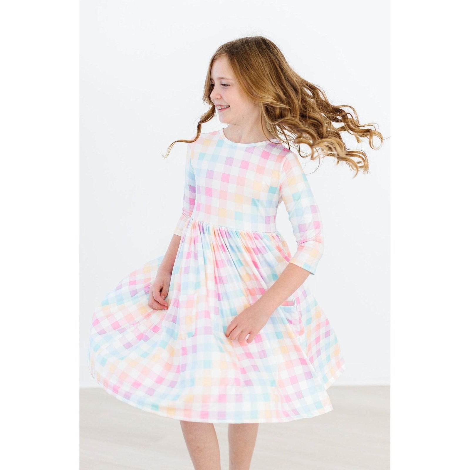 Pastel Plaid 3/4 Sleeve Pocket Twirl Dress