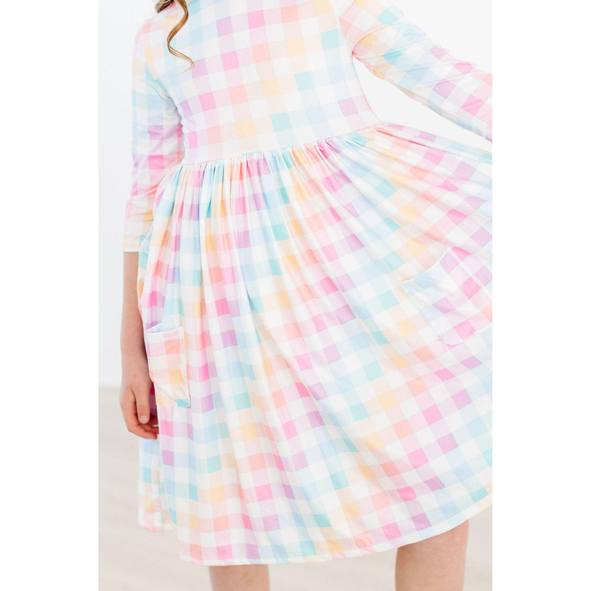 Pastel Plaid 3/4 Sleeve Pocket Twirl Dress