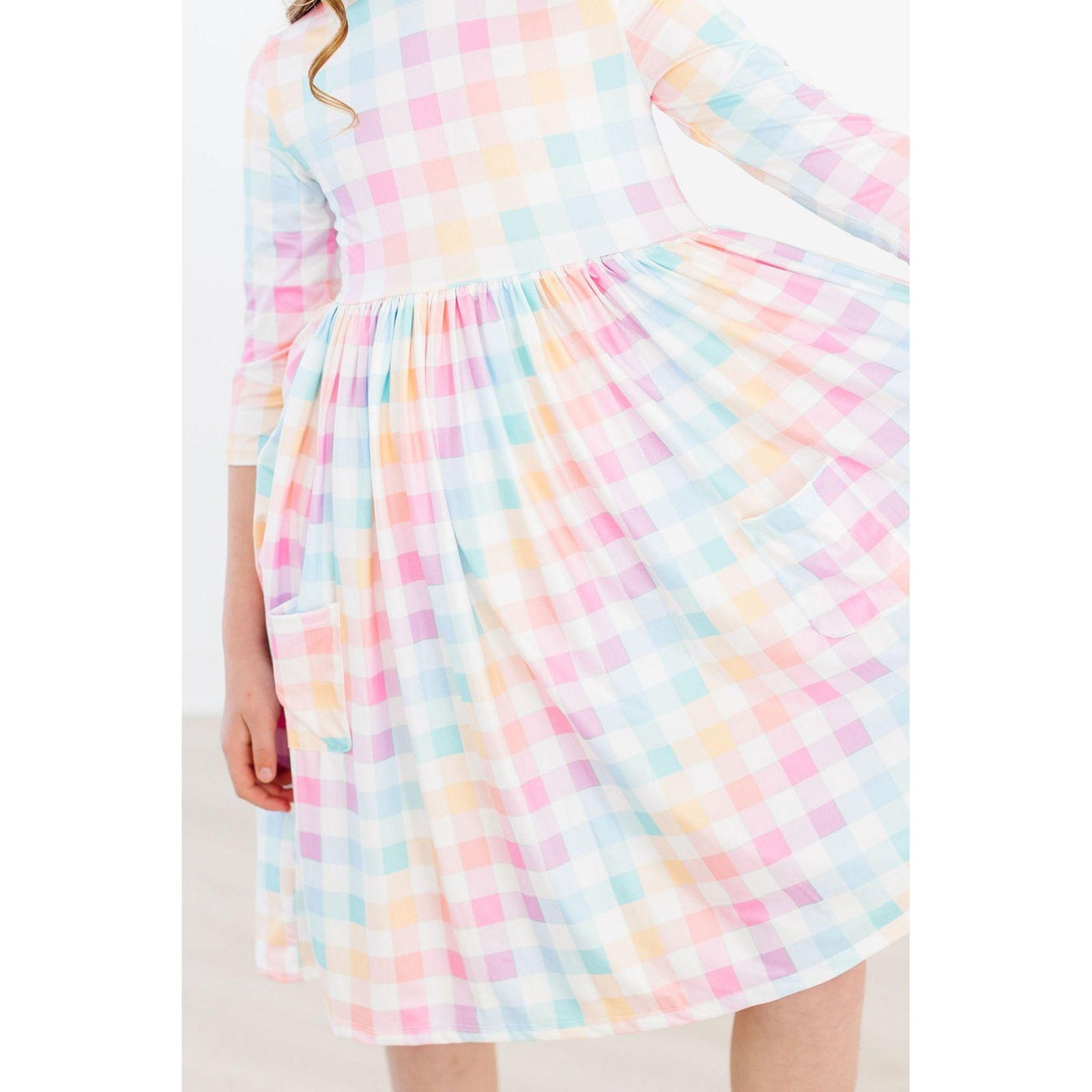 Pastel Plaid 3/4 Sleeve Pocket Twirl Dress