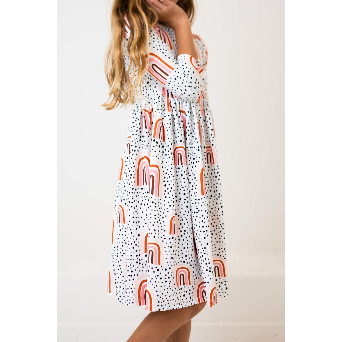 Peach Rainbow 3/4 Sleeve Pocket Twirl Dress