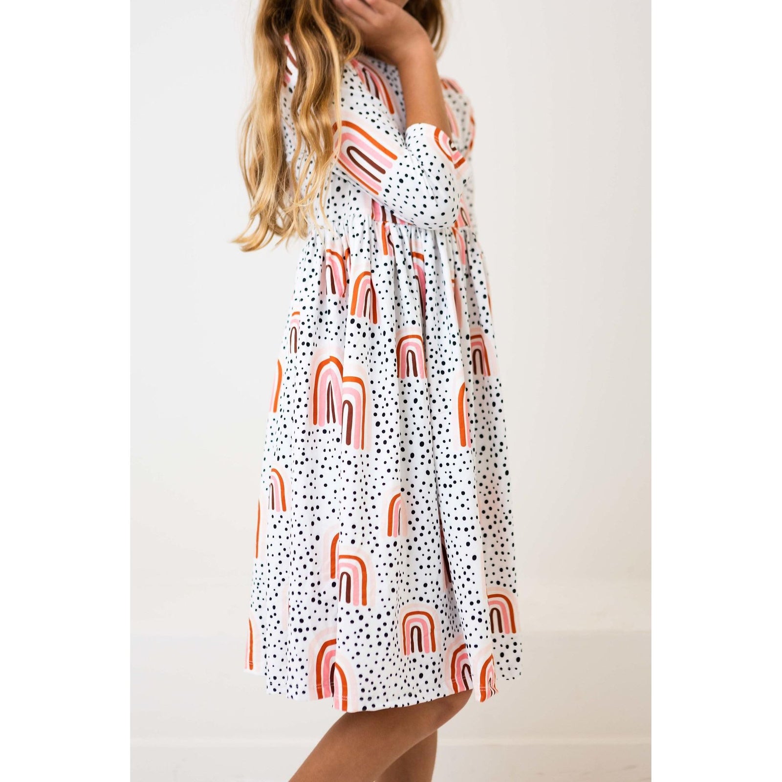 Peach Rainbow 3/4 Sleeve Pocket Twirl Dress