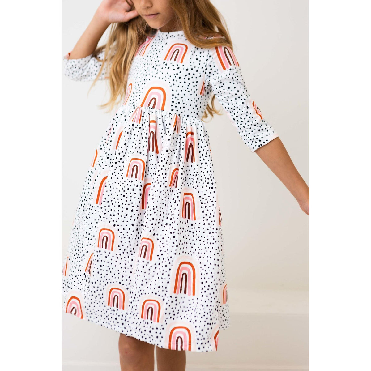 Peach Rainbow 3/4 Sleeve Pocket Twirl Dress