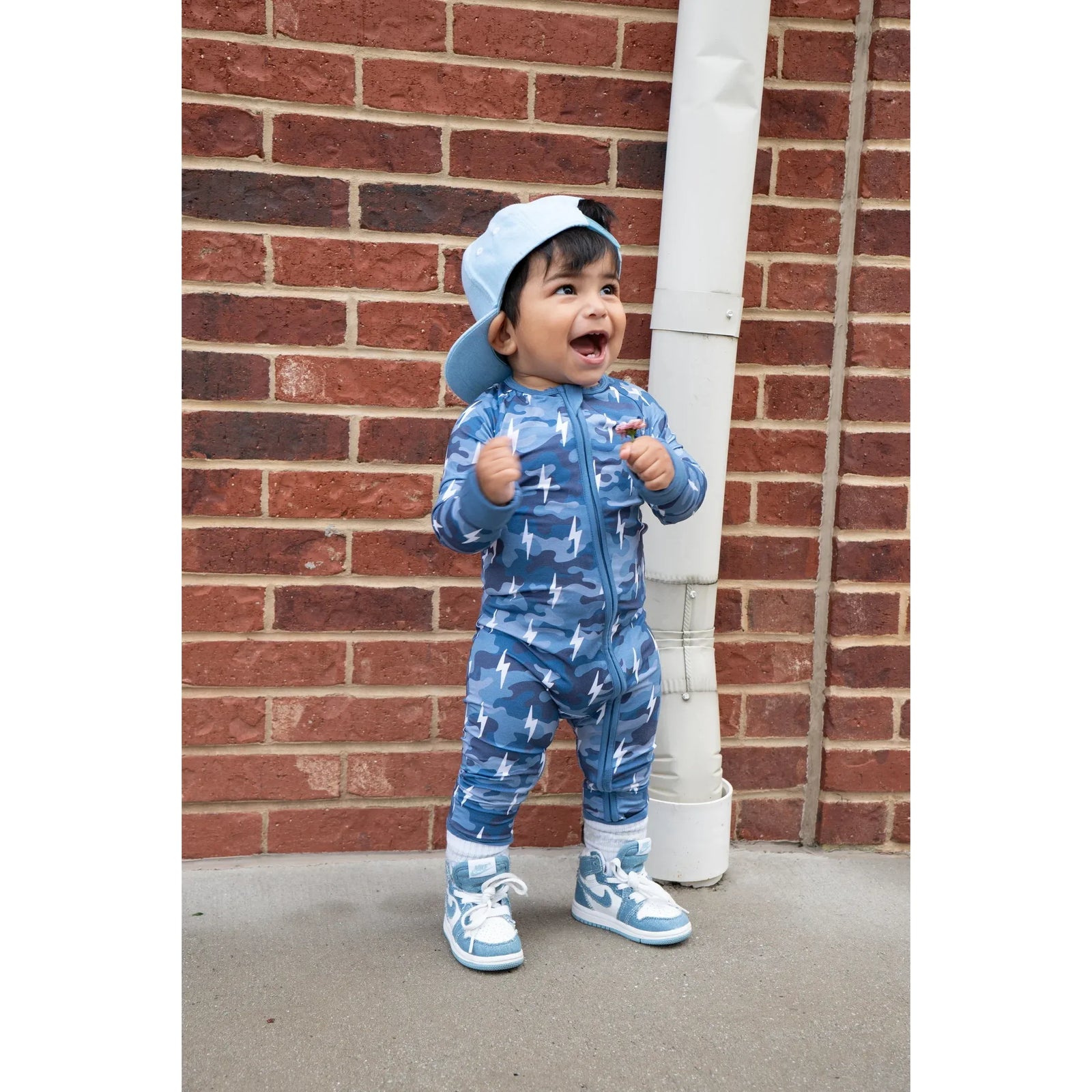 Bamboo Zip Romper | Blue Camo Bolts