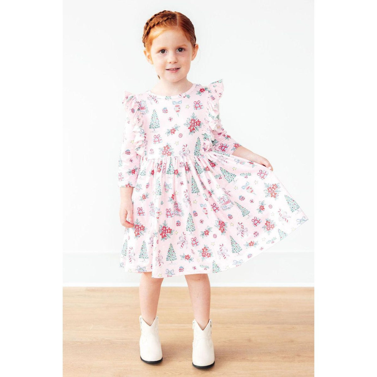 Pink Christmas 3/4 Sleeve Ruffle Twirl Dress