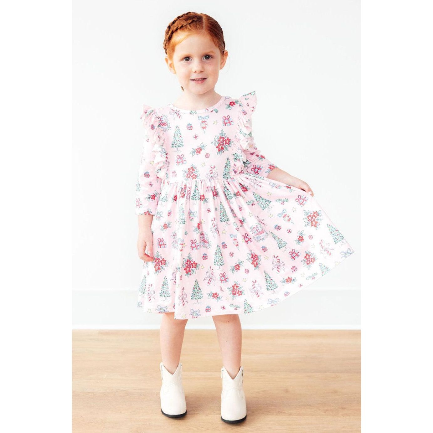 Pink Christmas 3/4 Sleeve Ruffle Twirl Dress