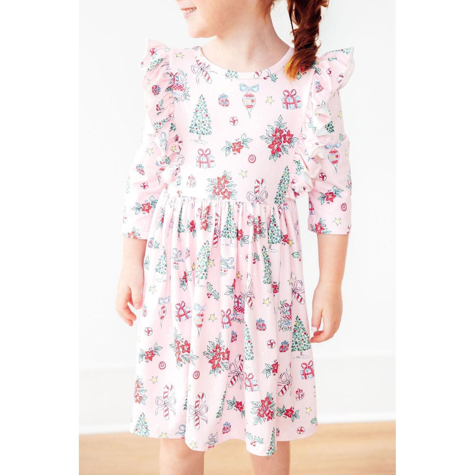 Pink Christmas 3/4 Sleeve Ruffle Twirl Dress