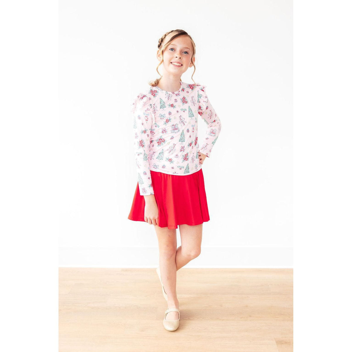 Pink Christmas L/S Ruffle Tee