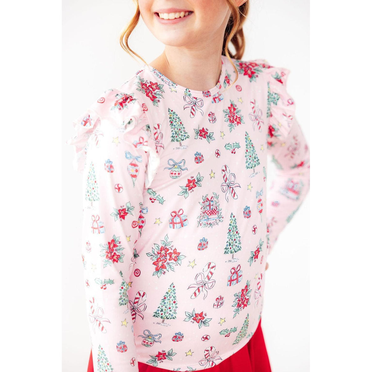 Pink Christmas L/S Ruffle Tee