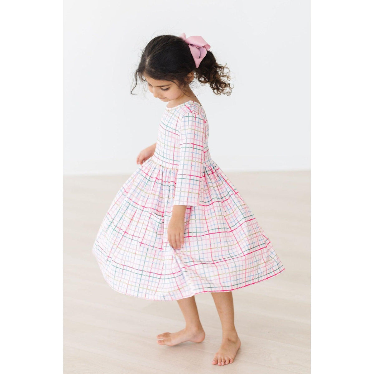 Pink Plaid 3/4 Sleeve Pocket Twirl Dress