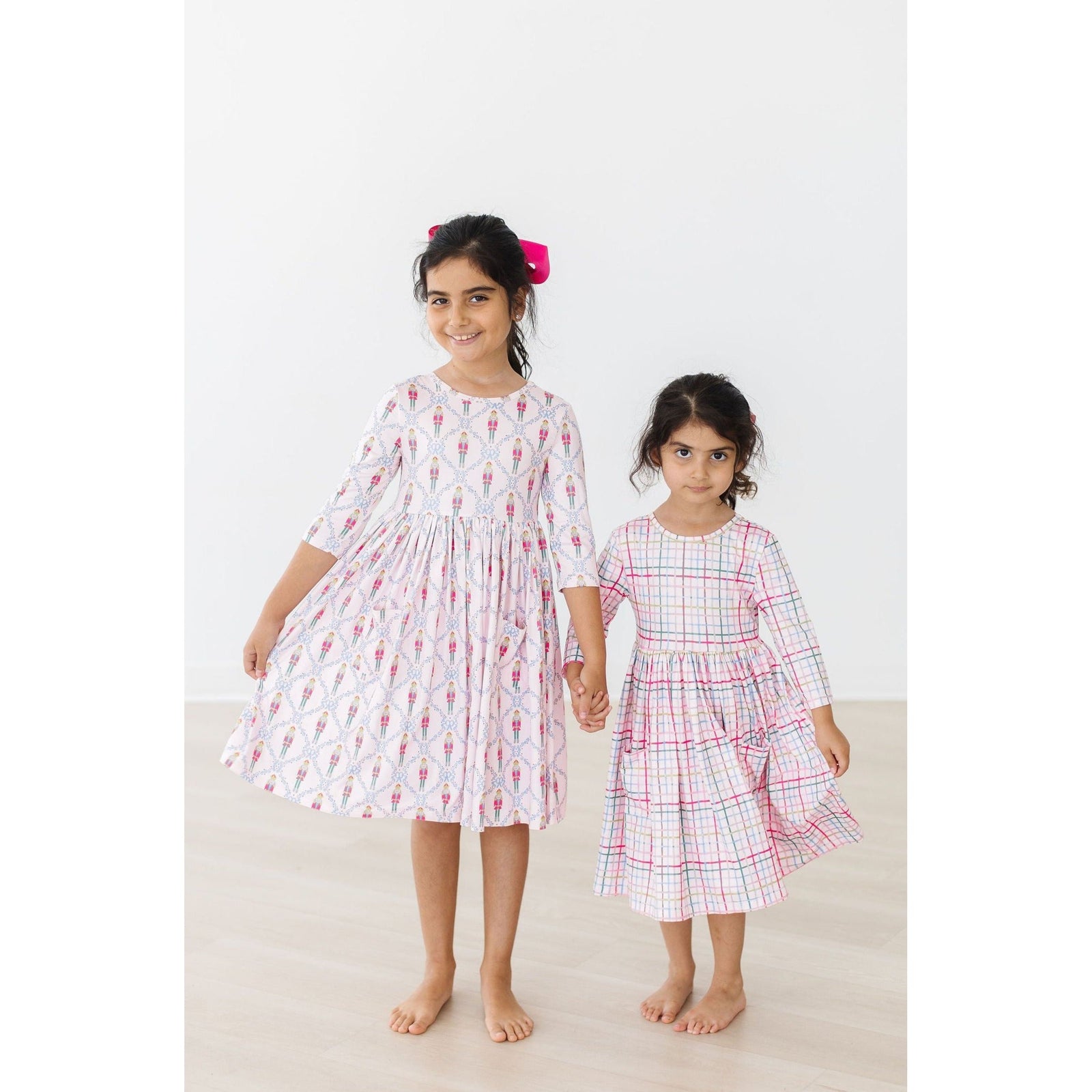Pink Plaid 3/4 Sleeve Pocket Twirl Dress