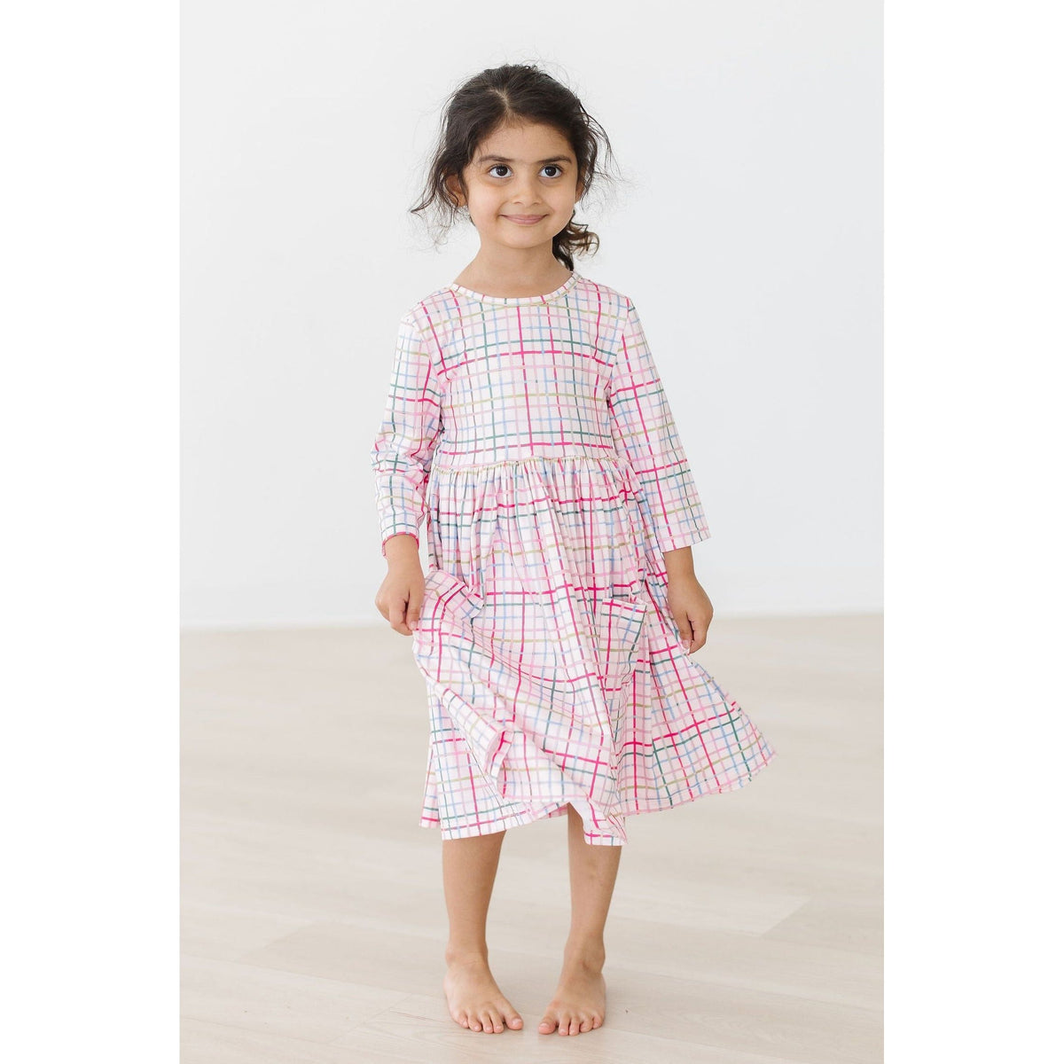 Pink Plaid 3/4 Sleeve Pocket Twirl Dress