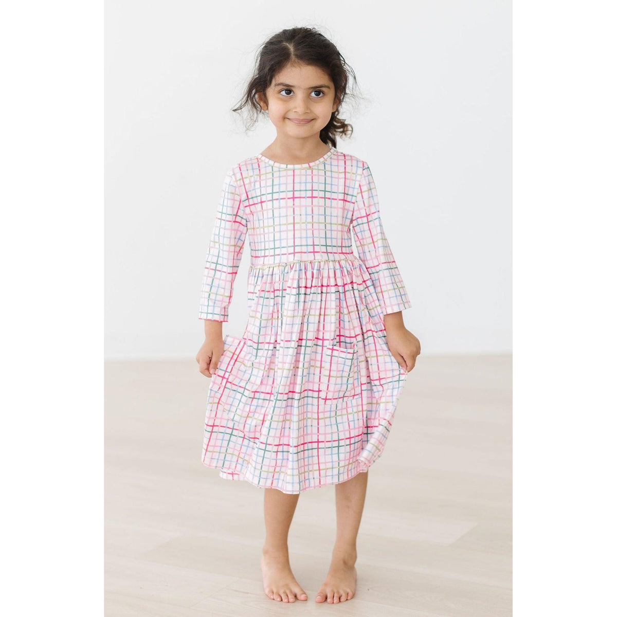 Pink Plaid 3/4 Sleeve Pocket Twirl Dress