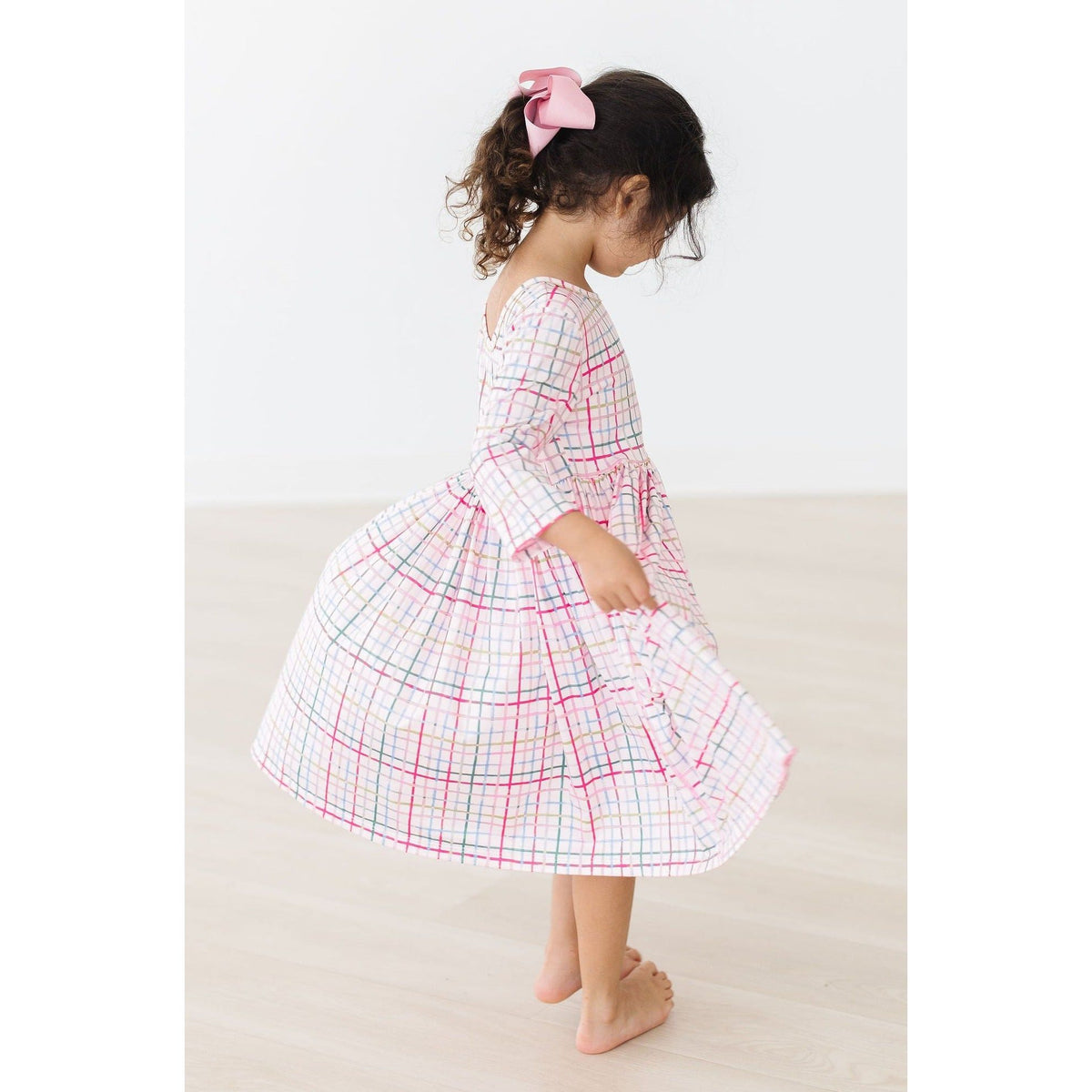 Pink Plaid 3/4 Sleeve Pocket Twirl Dress