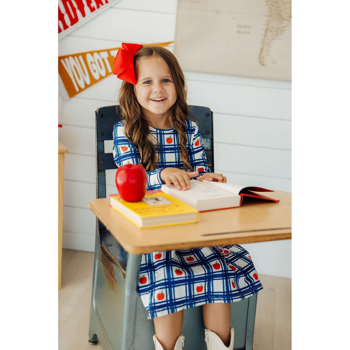 Plaid Apples L/S Pocket Twirl Dress