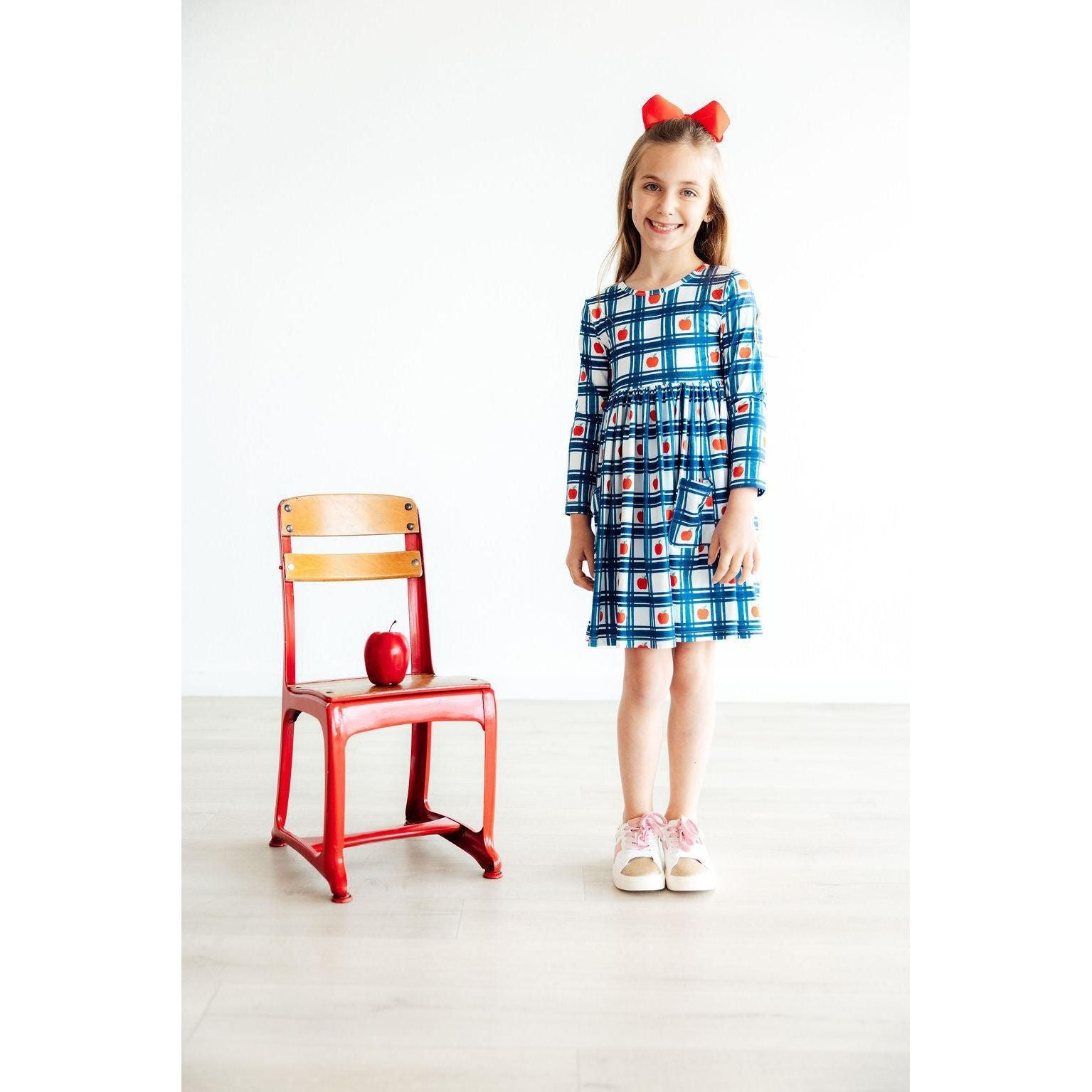 Plaid Apples L/S Pocket Twirl Dress