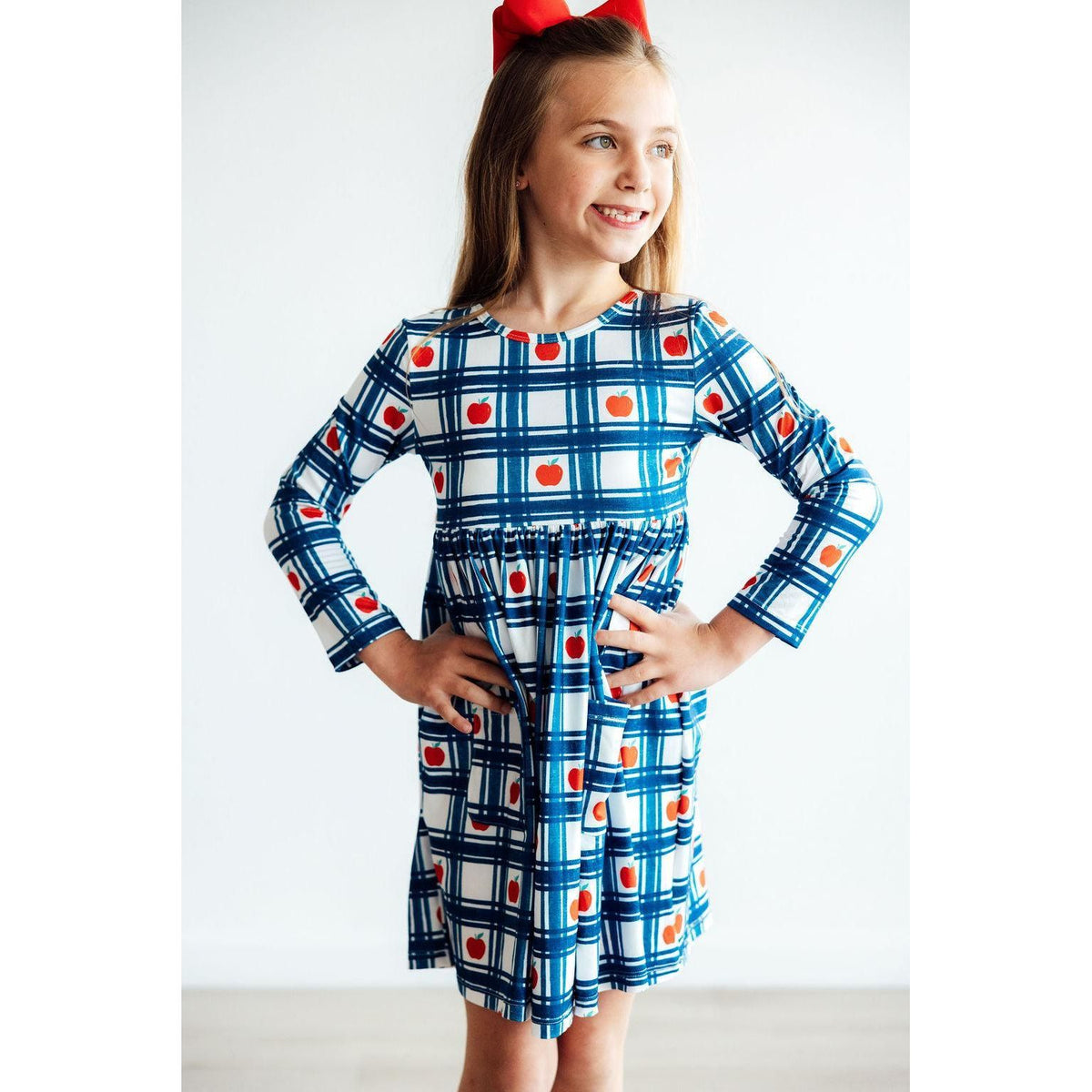 Plaid Apples L/S Pocket Twirl Dress