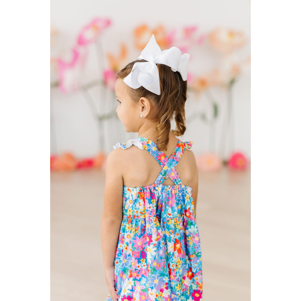 Preppy Floral Ruffle Cross Back Dress