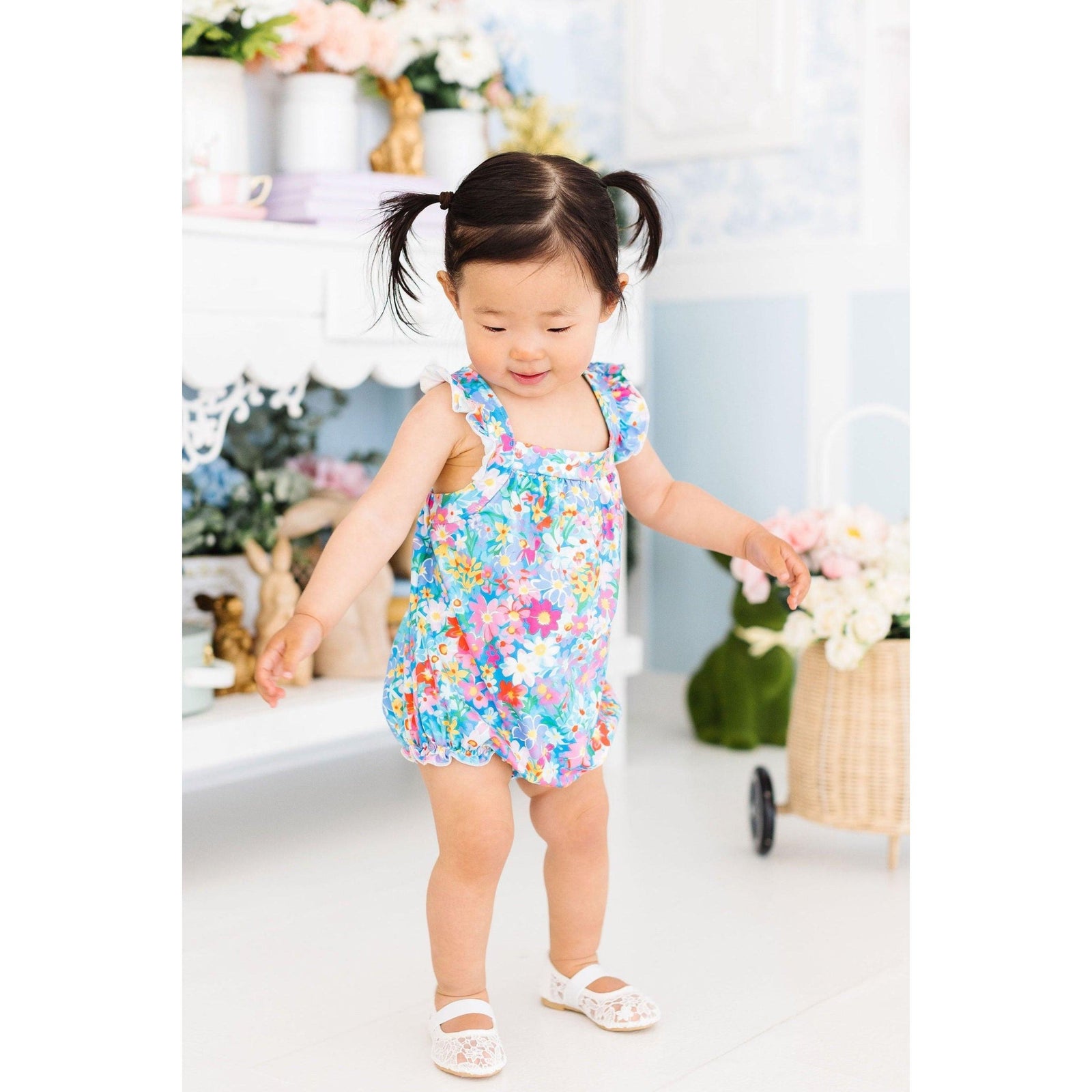 Preppy Floral Ruffle Cross Back Romper