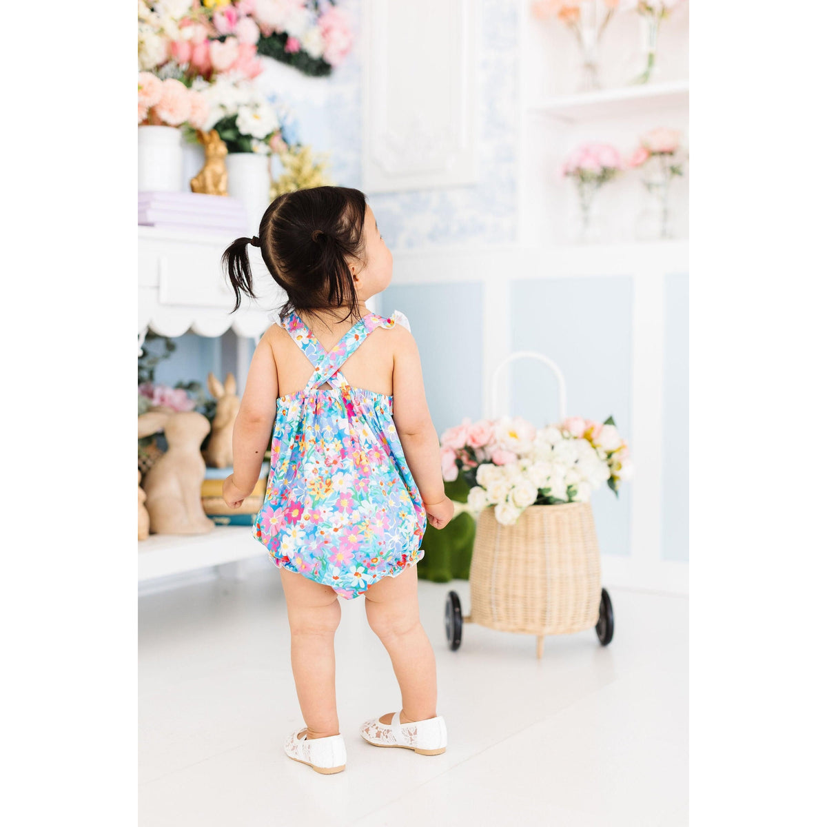 Preppy Floral Ruffle Cross Back Romper