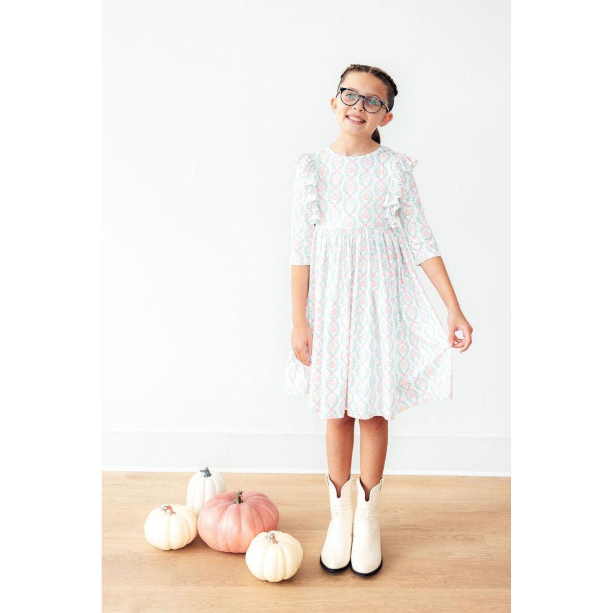 Pumpkin Kisses, Harvest Wishes 3/4 Sleeve Ruffle Twirl Dress