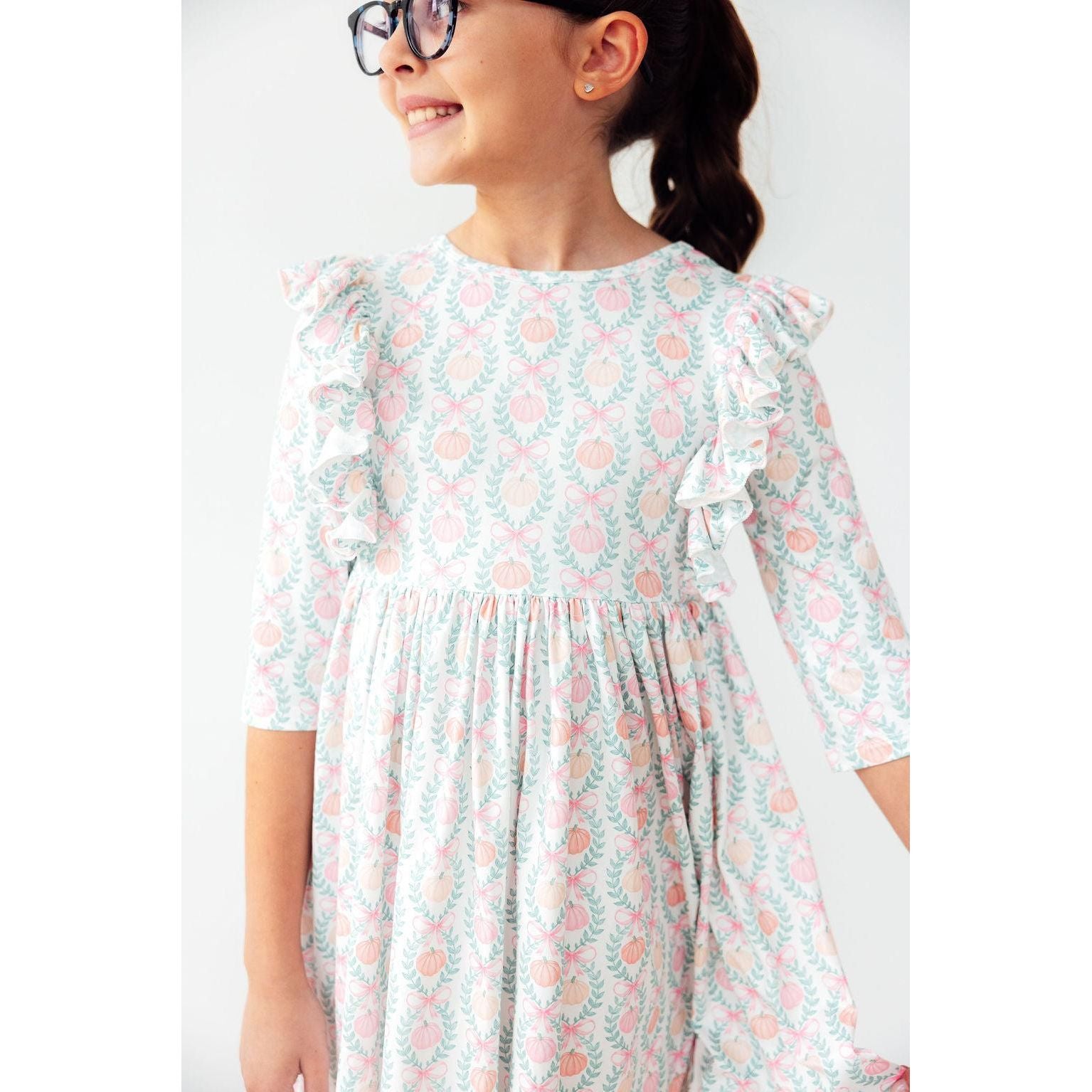 Pumpkin Kisses, Harvest Wishes 3/4 Sleeve Ruffle Twirl Dress