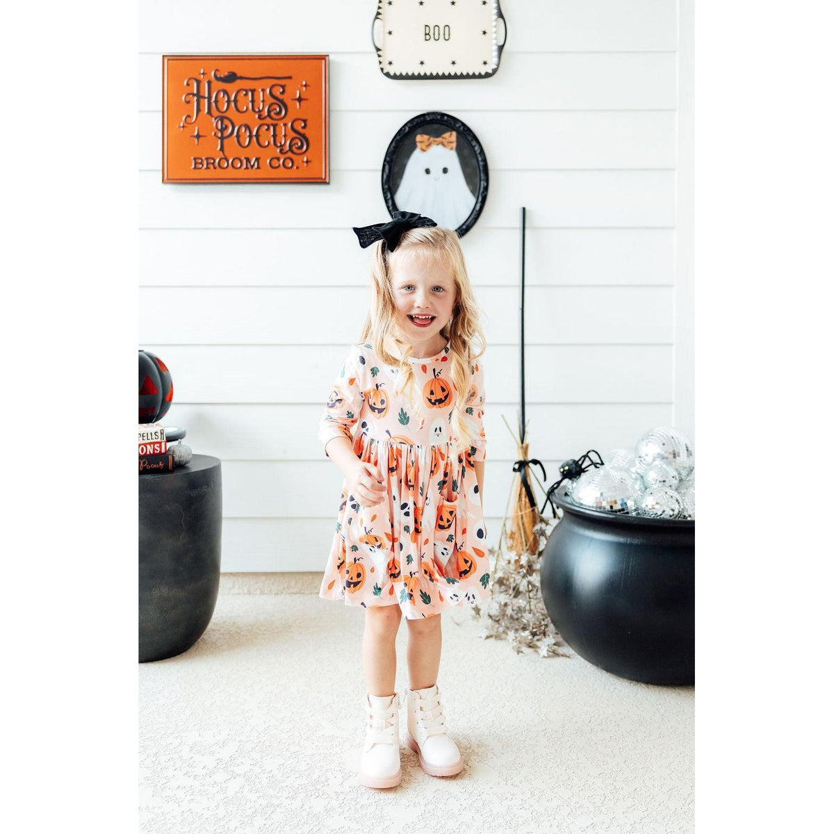 Pumpkin Peekaboo 3/4 Sleeve Pocket Twirl Dress