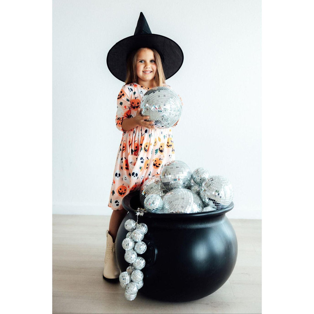 Pumpkin Peekaboo 3/4 Sleeve Pocket Twirl Dress