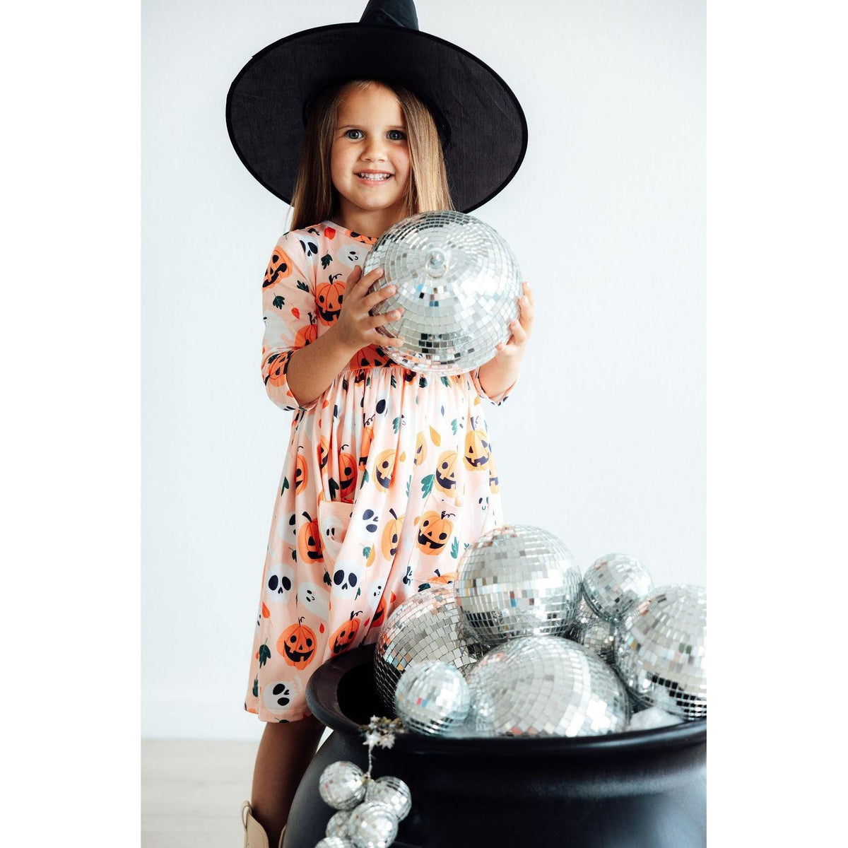 Pumpkin Peekaboo 3/4 Sleeve Pocket Twirl Dress
