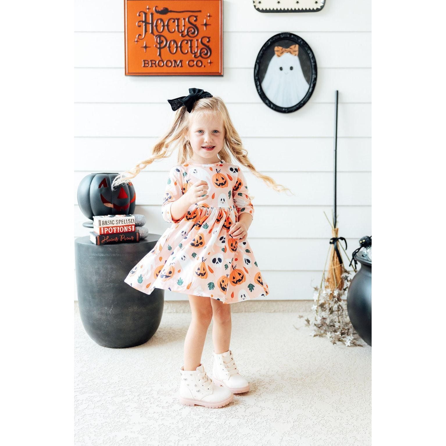 Pumpkin Peekaboo 3/4 Sleeve Pocket Twirl Dress