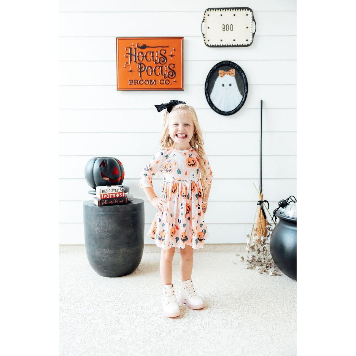 Pumpkin Peekaboo 3/4 Sleeve Pocket Twirl Dress