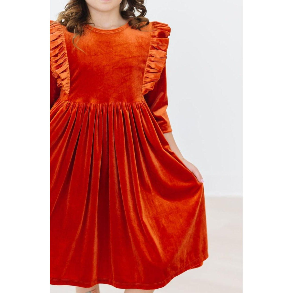 Pumpkin Spice Velvet Ruffle Twirl Dress