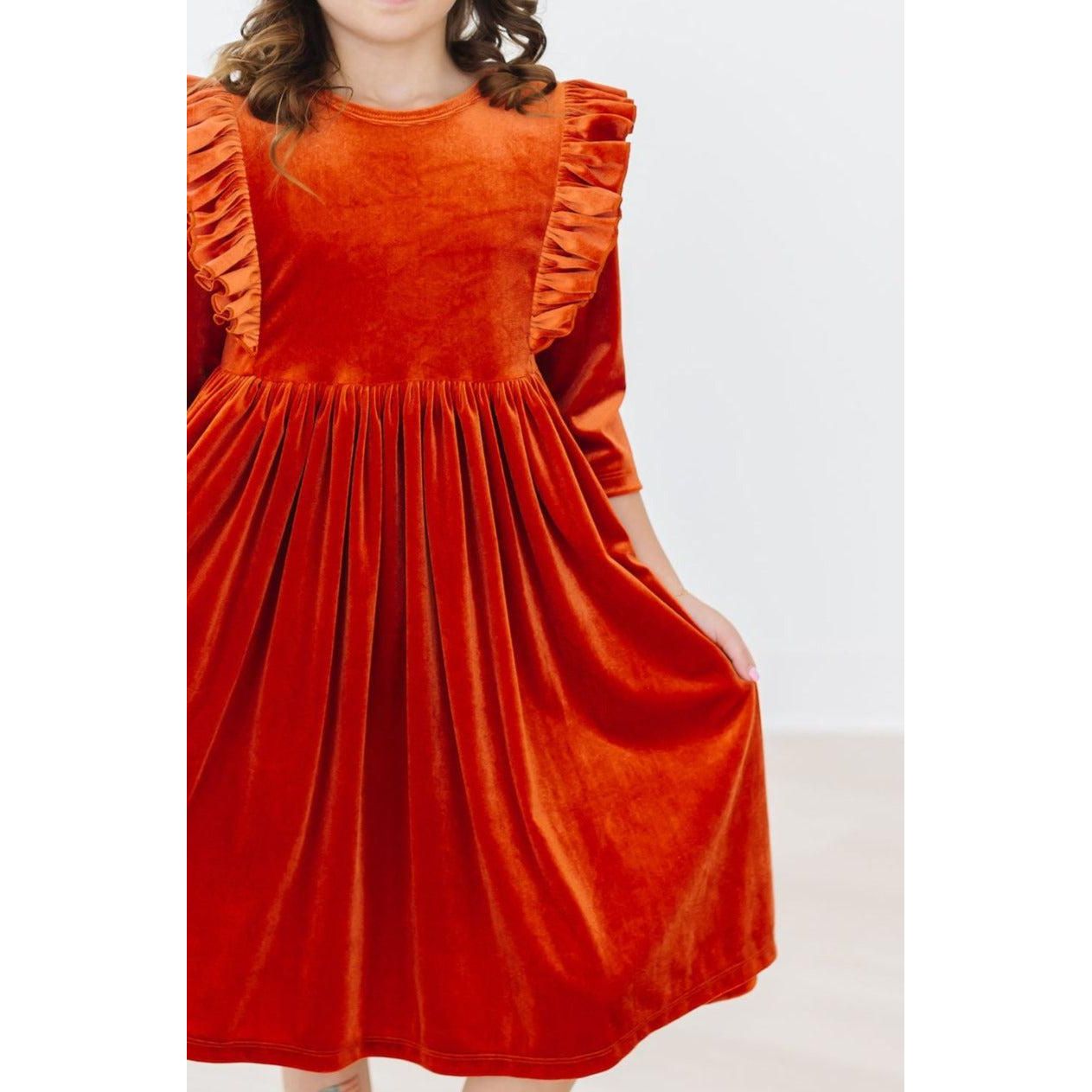 Pumpkin Spice Velvet Ruffle Twirl Dress
