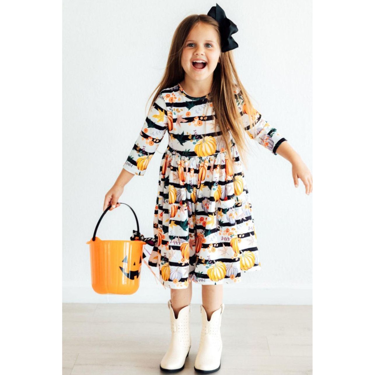 Pumpkins & Peonies 3/4 Sleeve Pocket Twirl Dress
