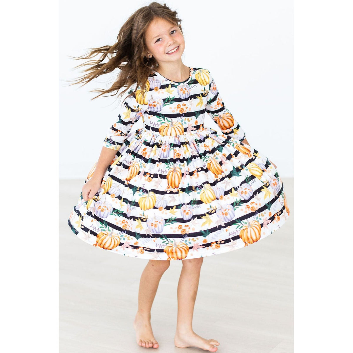 Pumpkins & Peonies 3/4 Sleeve Pocket Twirl Dress