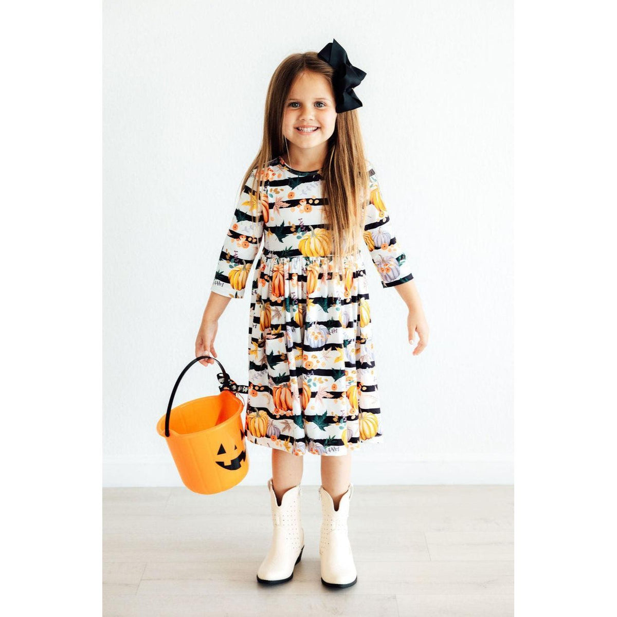 Pumpkins & Peonies 3/4 Sleeve Pocket Twirl Dress
