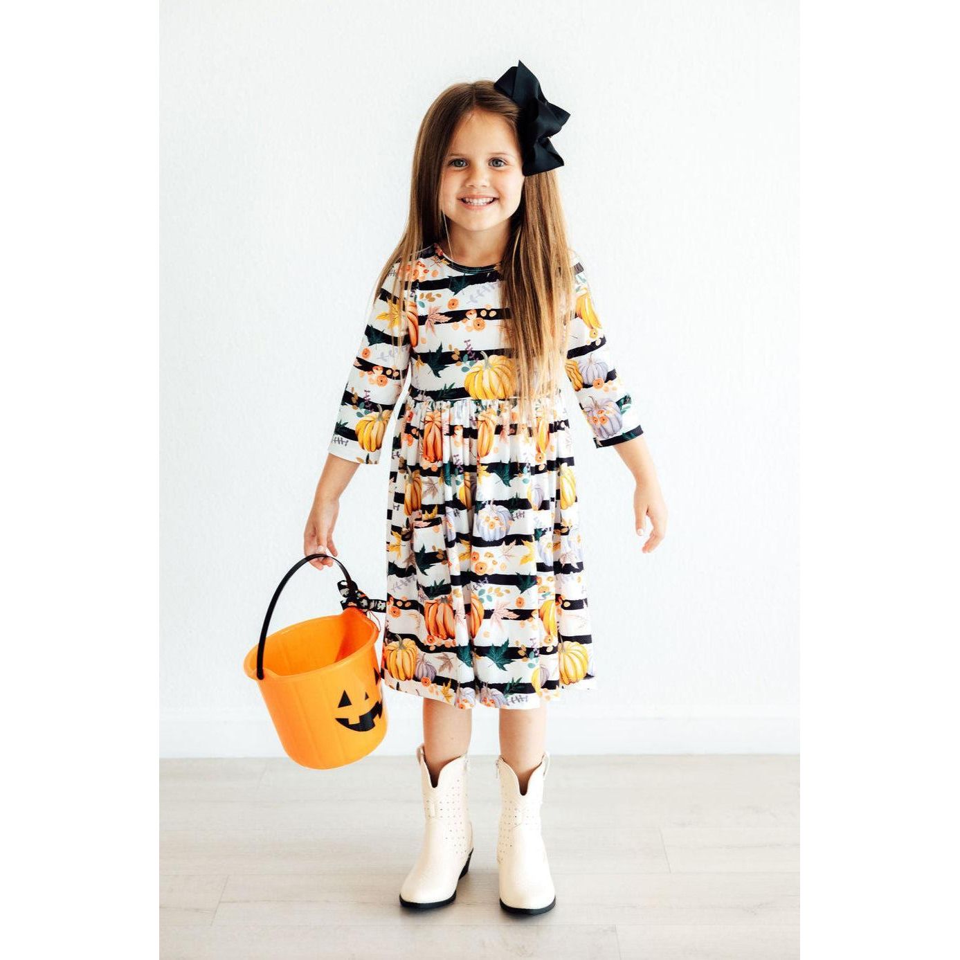 Pumpkins & Peonies 3/4 Sleeve Pocket Twirl Dress