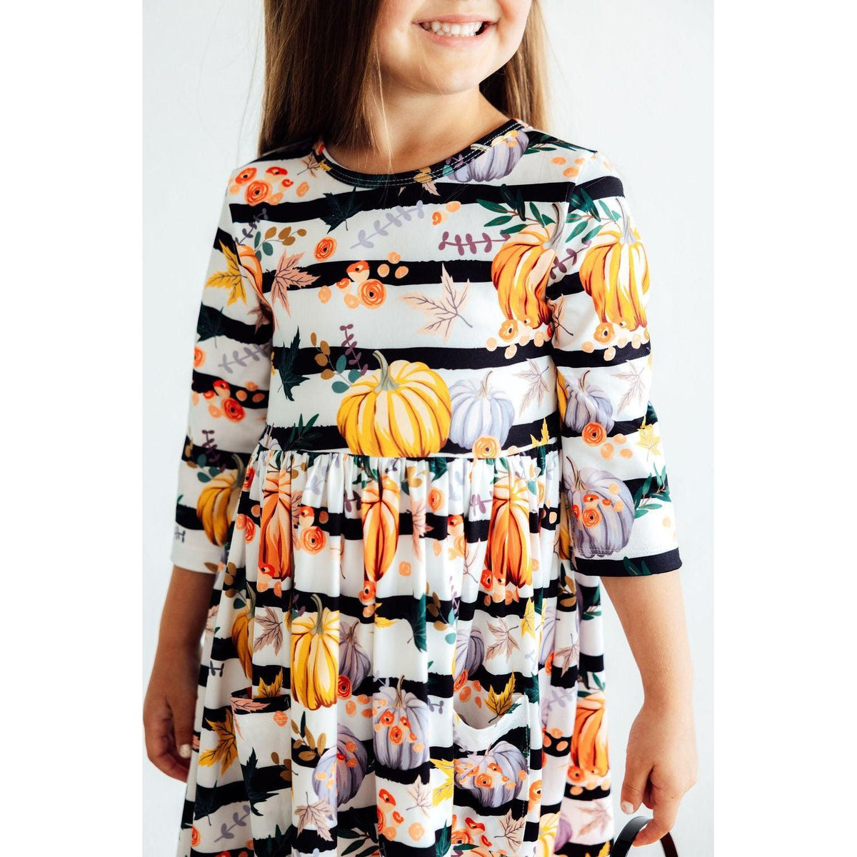 Pumpkins &amp; Peonies 3/4 Sleeve Pocket Twirl Dress