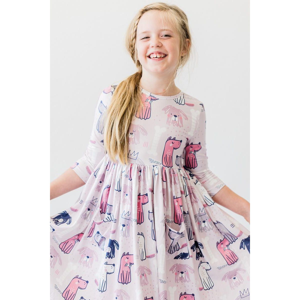 Puppy Party 3/4 Sleeve Pocket Twirl Dress