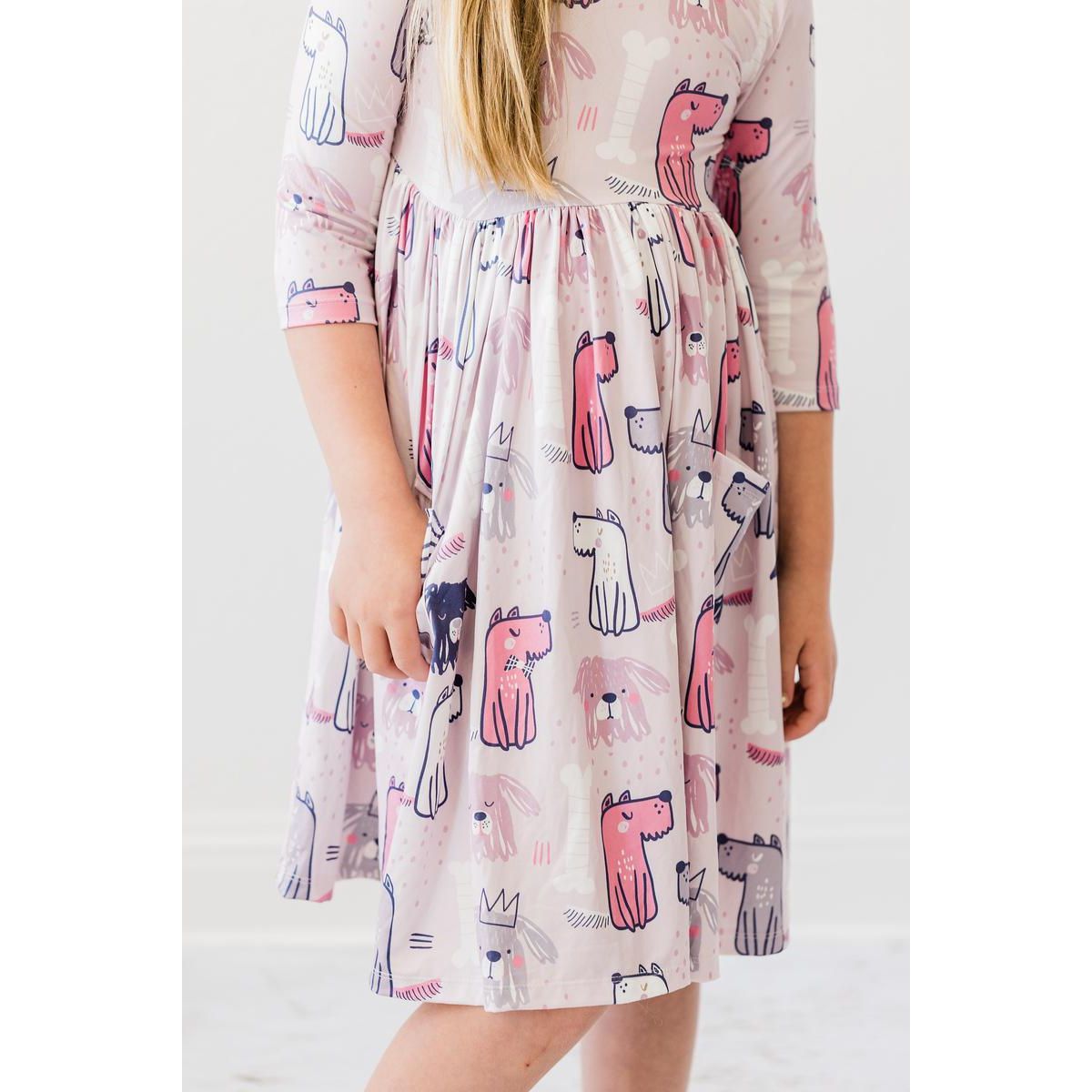 Puppy Party 3/4 Sleeve Pocket Twirl Dress