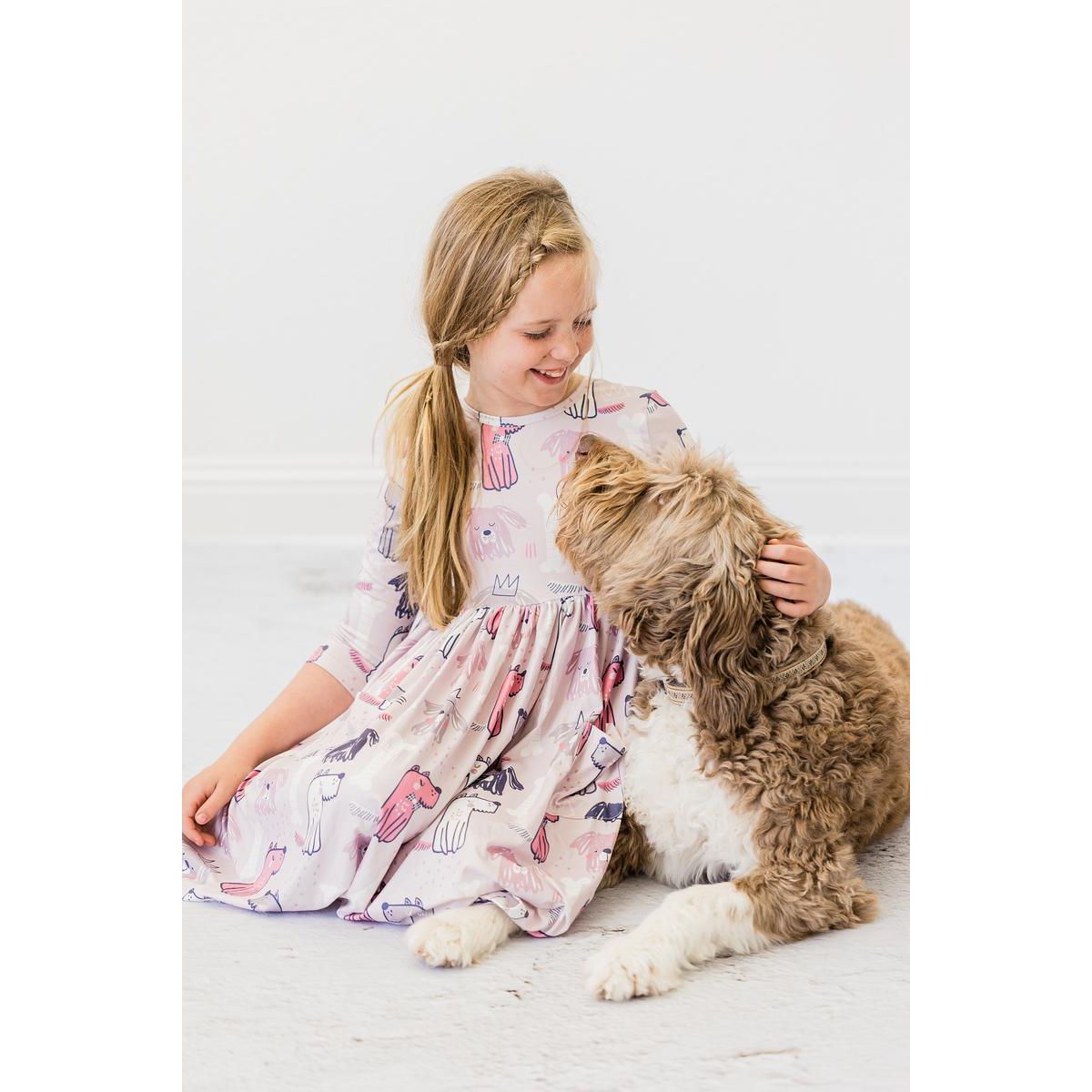 Puppy Party 3/4 Sleeve Pocket Twirl Dress