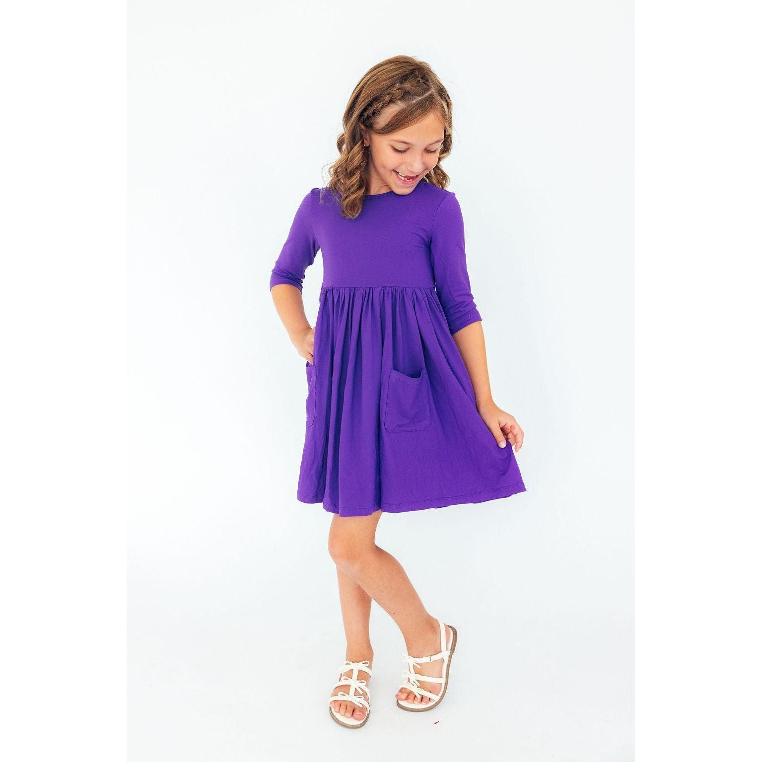 Purple 3/4 Sleeve Pocket Twirl Dress